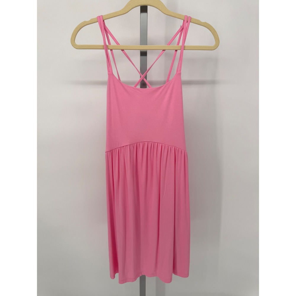 Pink Strappy Back Empire Waist Mini Dress with Pockets Sleeveless Jersey Knit